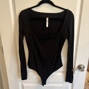 Free People Intimates Black Long Sleeve Bodysuit Square Neck Cotton Size M